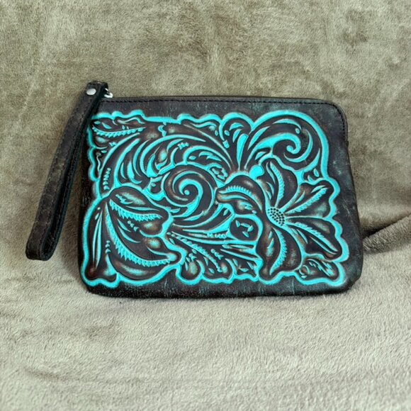 Patricia Nash Women's Cassini Wristlet Tooled Leather Brown Turquoise Clutch - Picture 1 of 4